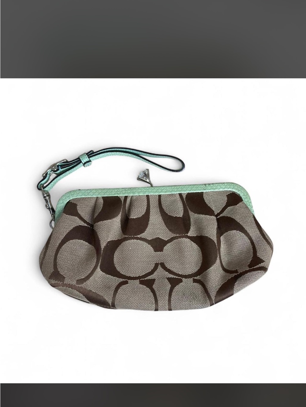 Coach Brown Signature Canvas Wristlet with Mint Trim missing one clip
